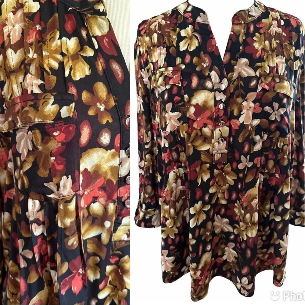 COCOMO XL Black Red Yellow floral 3/4 sleeve women’s Pintuck Blouse top …